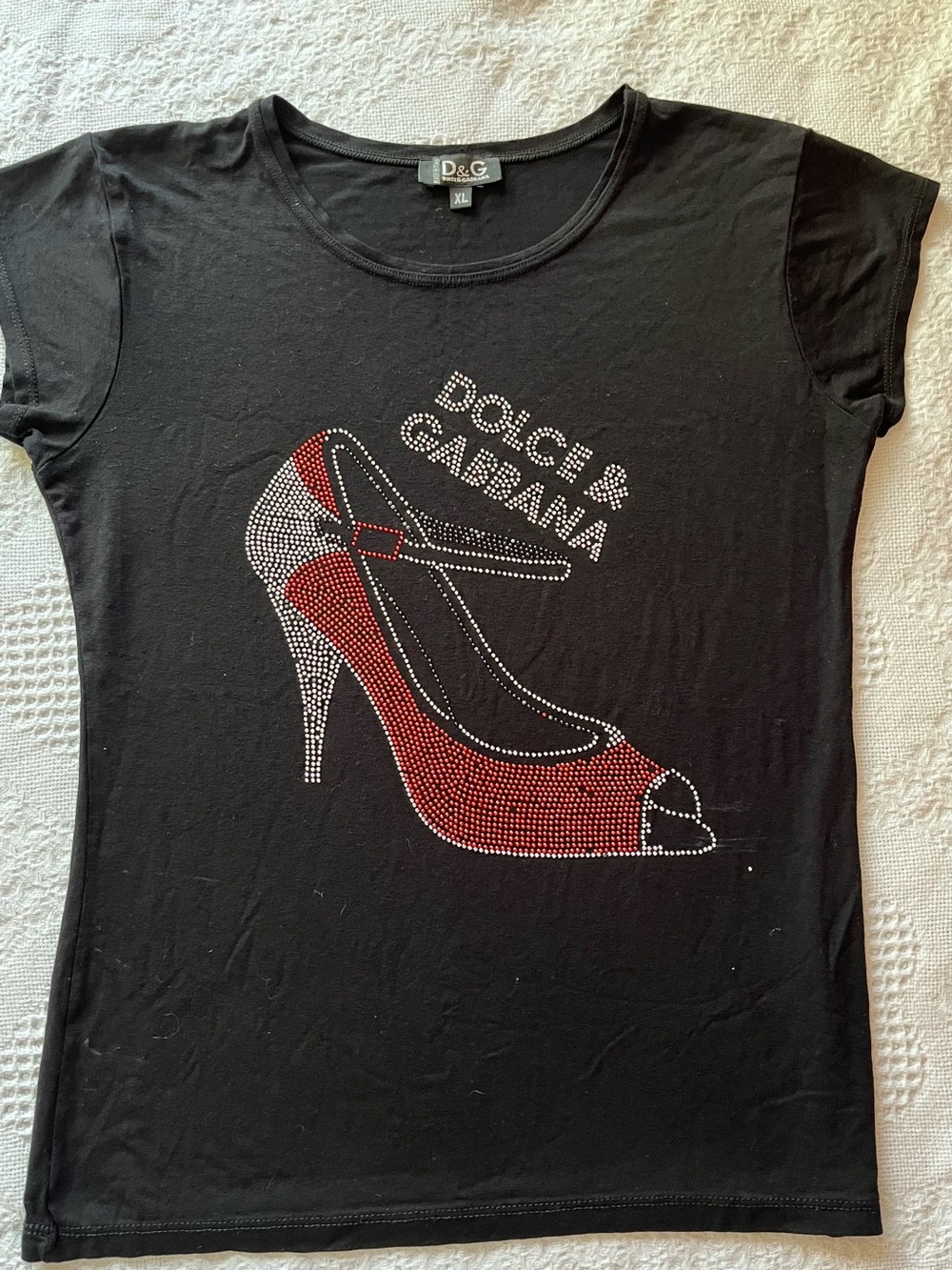 Dolce & Gabbana Black Tee with Red and Silver Rhinestone Heel Graphic